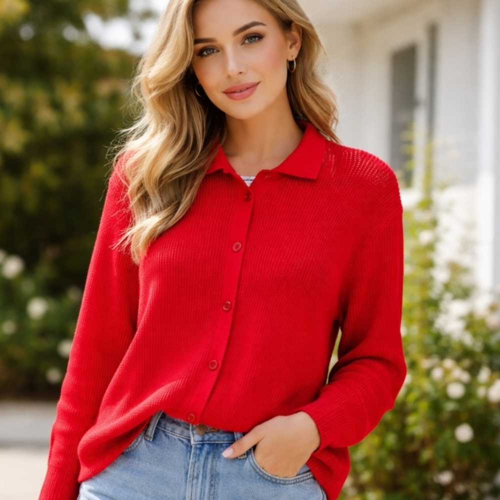 Bailey | Textured Red Knit Polished Cardigan